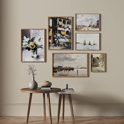 Wall With Multiple Framed Paintings And Small Table With Vase And Books 3d model