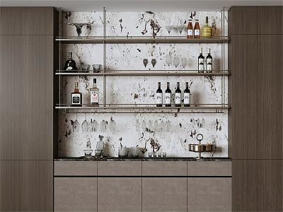 Modern Wine Rack With Wine Bottles Glasses And Patterned Backsplash Cabinets 3d model