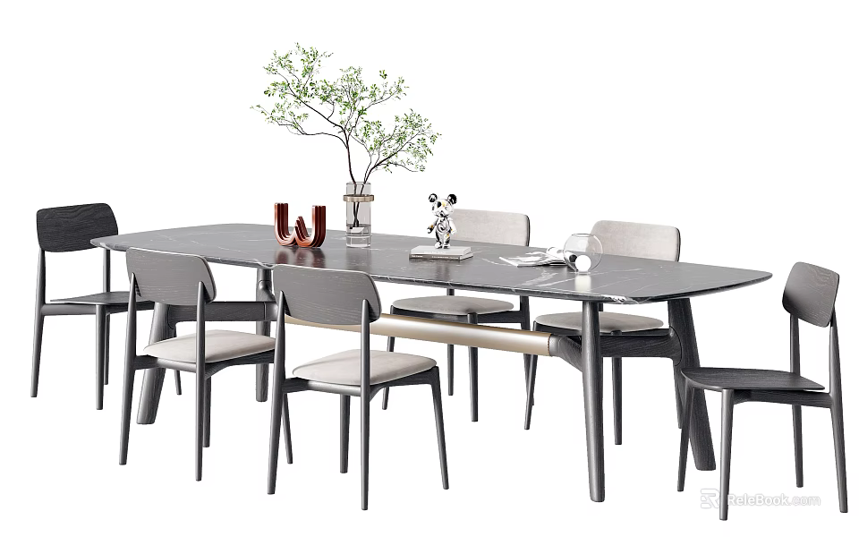 Modern Dining Table Set With Rectangular Table Six Chairs Green Plant Vase And Stylish Decor 3d model