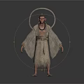 Bald Mystical Figure With Halo Tattered Robe Necklace And Barefoot Appearance