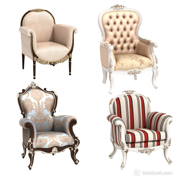 Classic Upholstered Sofa Set With Ornate Carvings Striped Fabric And Carved Wooden Legs 3d model 