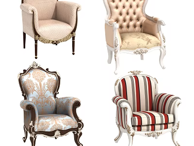 Classic Upholstered Sofa Set With Ornate Carvings Striped Fabric And Carved Wooden Legs 3d model