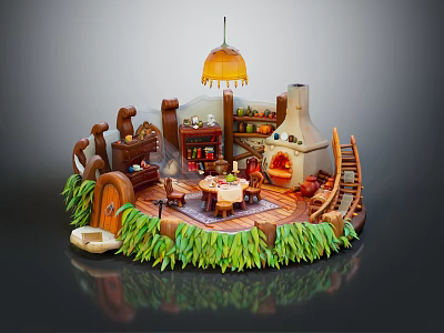 Cozy Cartoon Scene With Wooden Structure Table Chairs Fireplace Bookshelf And Hanging Lamp 3d model
