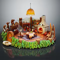 Cozy Cartoon Scene With Wooden Structure Table Chairs Fireplace Bookshelf And Hanging Lamp