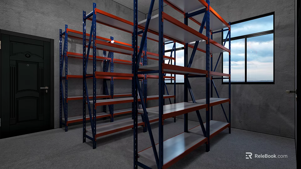 Metal Shelving Units with Blue Orange Frames White Shelves in Industrial Storage Room Gray Walls 3d model 