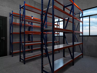 Metal Shelving Units with Blue Orange Frames White Shelves in Industrial Storage Room Gray Walls 3d model