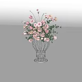 Elegant Banquet Hall Decoration With Metal Wire Vase Pink Roses Green Leaves And Fresh Flowers