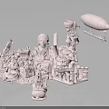 Pink Fantasy Architecture 3D Model Featuring Towers Airship Mechanical Structures And Miniature Design