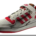 White And Red Sneakers With Velcro Strap Cork Tongue Red Stripes And House Graphic