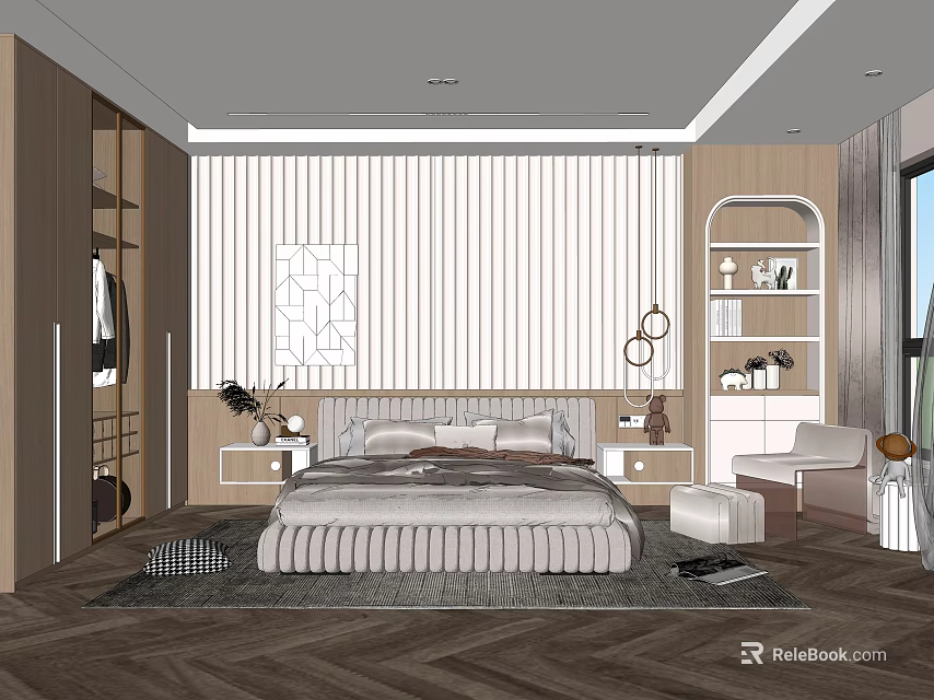 Modern Bedroom Interior Design With Herringbone Wooden Floor Striped Accent Wall And Bedside Shelves 3d model 