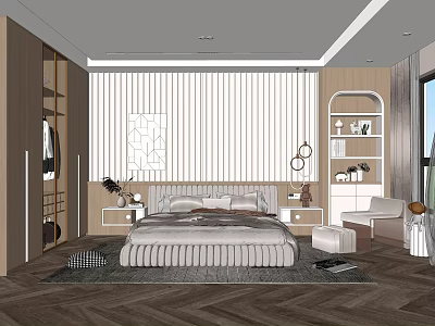 Modern Bedroom Interior Design With Herringbone Wooden Floor Striped Accent Wall And Bedside Shelves 3d model