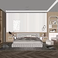 Modern Bedroom Interior Design With Herringbone Wooden Floor Striped Accent Wall And Bedside Shelves