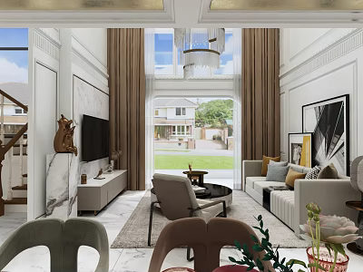 Duplex Living Room Interior with Sofa TV Chandelier and Large Windows Overlooking Lawn 3d model