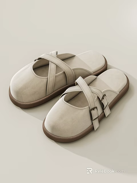 Beige Crisscross Strap Slippers with Metal Buckles and Brown Soles 3d model 