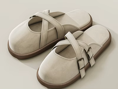 Beige Crisscross Strap Slippers with Metal Buckles and Brown Soles 3d model
