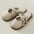 Beige Crisscross Strap Slippers with Metal Buckles and Brown Soles