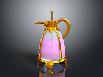 Gold Sprayer With Pink Liquid And Transparent Bottle On Metal Stand 3d model