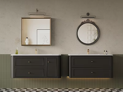 Modern Bathroom Vanity With Black Cabinets Round Square Mirrors Green Wall Tiles Black White Checkered Floor 3d model