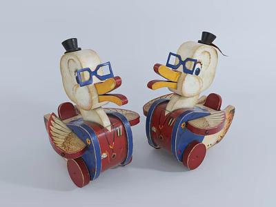 Two Duck Dolls With Black Hats Blue Glasses Red And Blue Outfits And Wheel Bases 3d model
