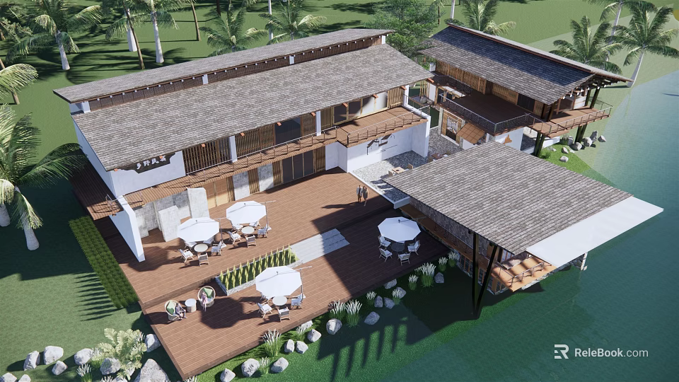 Boutique Guesthouse Building with Wooden Terrace White Tables Chairs Palm Trees Waterfront View 3d model 