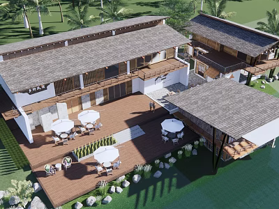 Boutique Guesthouse Building with Wooden Terrace White Tables Chairs Palm Trees Waterfront View 3d model