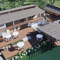 Boutique Guesthouse Building with Wooden Terrace White Tables Chairs Palm Trees Waterfront View