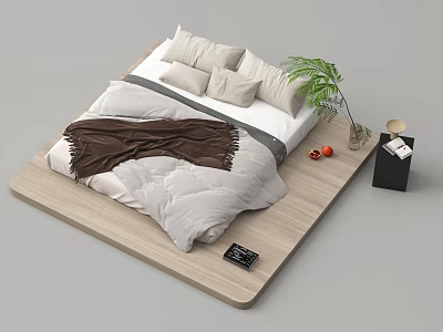 Cozy Bedroom Interior With Gray Quilt Brown Blanket Beige Pillows Green Plant On Wooden Platform 3d model