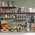 Organized Kitchen Utensils With Wooden Shelves Storage Jars And Green Countertop