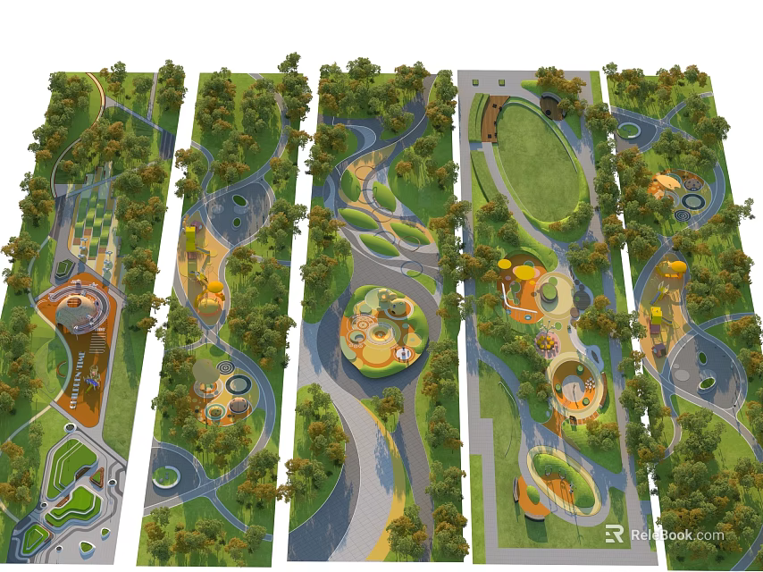 Scenic Park Landscape With Winding Paths Lush Trees Circular Leisure Areas And Green Lawns 3d model 