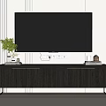 Modern Dark Wood TV Stand with Metal Legs and Decorative Items on Light Striped Wall