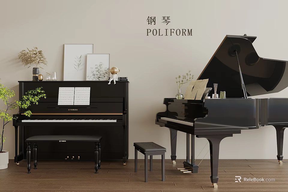 Artistic Musical Instruments And Painting Supplies With Black Pianos Frames Sheet Music And Decorative Plants 3d model 