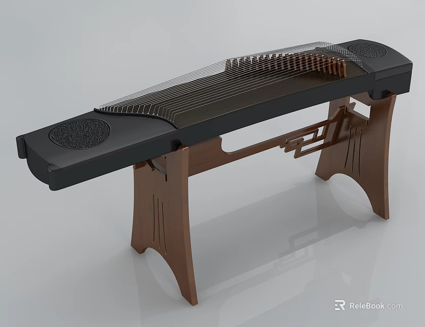 Traditional Chinese Zither with Black Body Brown Wooden Stand and Decorative Patterns Strings 3d model 