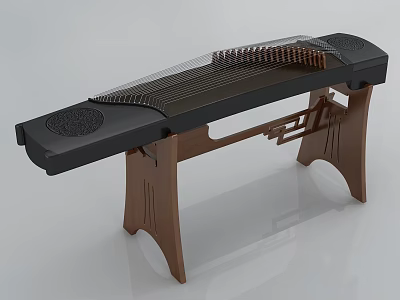 Traditional Chinese Zither with Black Body Brown Wooden Stand and Decorative Patterns Strings 3d model