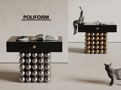 POLIFORM Stylish Side Table With Black Top Spherical Base Open Book Sculpture And Cat Figurine 3d model