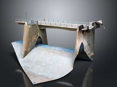 Water Dam Spillway Structure With Concrete Piers Sloped Ramp And Metal Railings 3d model