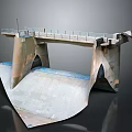 Water Dam Spillway Structure With Concrete Piers Sloped Ramp And Metal Railings