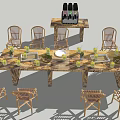 Rustic Wooden Outdoor Table With Rattan Chairs Candle Holders Fruit Bowls And Side Drink Station