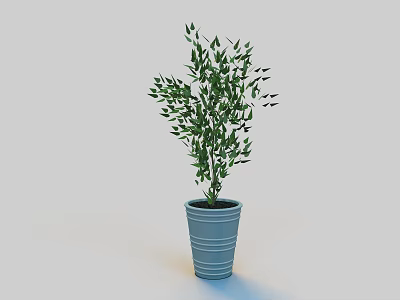 Blue Ribbed Flower Pot With Lush Green Plant And Fresh Leaves 3d model