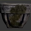 Vintage Terracotta Plant Pot Featuring Carved Patterns and Natural Moss Growth
