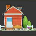 Cartoon Scene Red House With Blue Roof White Fence Lawn Flowers Bench And Stone Path