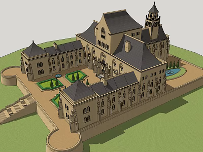 Traditional Ancient Architecture with Tower Arched Windows Courtyard and Garden Design 3d model