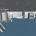 Modern Industrial Facility With Stainless Steel Equipment Blue Flooring And Ceiling Lights