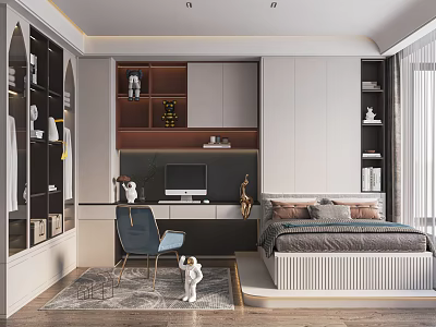 Modern Tatami Bedroom Interior Design With Desk Chair Bookshelves And Decorative Rug 3d model