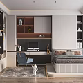 Modern Tatami Bedroom Interior Design With Desk Chair Bookshelves And Decorative Rug