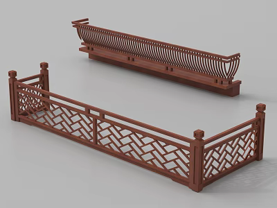 Traditional Wooden Fence With Intricate Carved Lattice Design And Decorative Posts 3d model