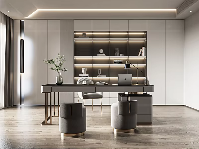 Modern Study Desk and Chair Writing Desk Bookcase Desk Lounge Chair Chandelier Decorative Cabinet 3d model