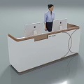 Modern White Reception Desk With Wooden Edge Two Computer Monitors And Staff Member