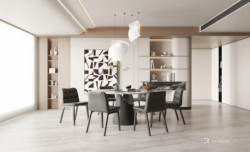 Modern Restaurant Interior With Round Dining Table Gray Chairs And Geometric Wall Art 3d model