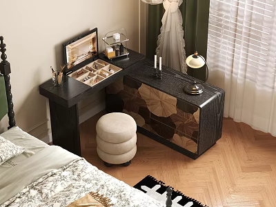 Stylish Dressing Table In Bedroom With Mirror Makeup Items And Leaf Pattern Cabinet 3d model