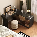 Stylish Dressing Table In Bedroom With Mirror Makeup Items And Leaf Pattern Cabinet